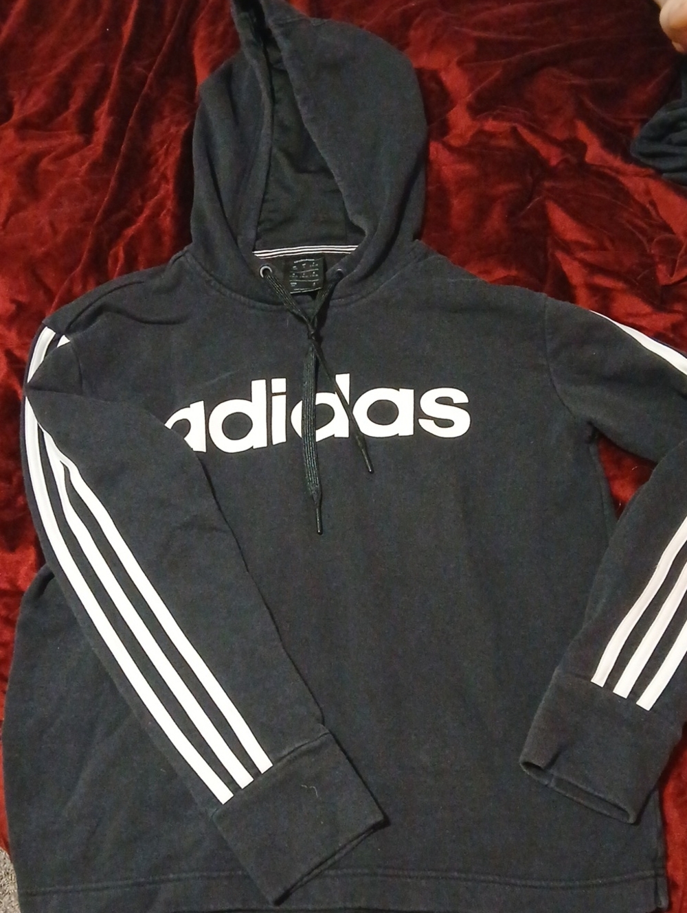 adidas Unisex Black Crewneck Hoodie with White Logo & Sleeve Stripes